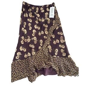 Vintage NWT Robbie Bee Women's Brown 100% Silk Floral Print Maxi Skirt Size 12